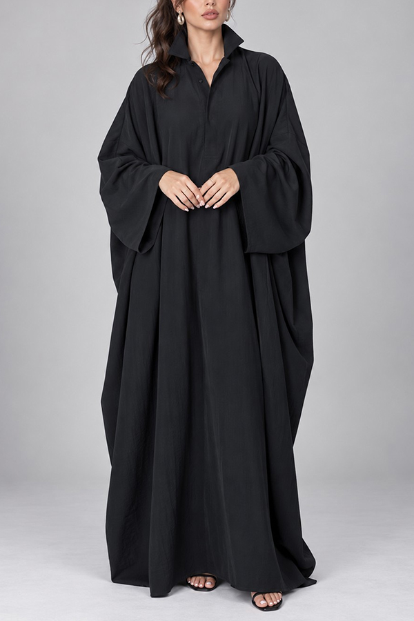 Women Navy Blue Oversized Kaftan Maxi Dress Stand Collar Long Sleeve Flowy Robe