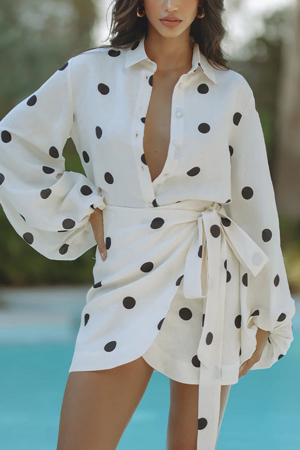 Effortlessly Linen Blend Polka Dot Balloon Sleeve Blouse and Wrap Tie-up Loose Mini Skirt Set-consonak