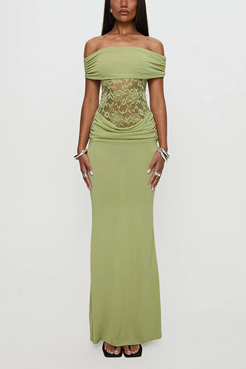 Women's Spring/Summer New Solid Color Off Shoulder Splicing Lace Extra Long Slimming Dress-consonak