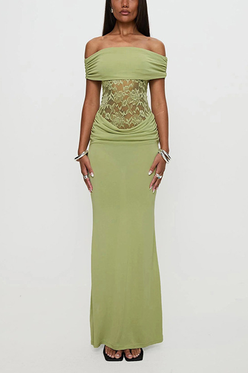 Women's Spring/Summer New Solid Color Off Shoulder Splicing Lace Extra Long Slimming Dress-consonak