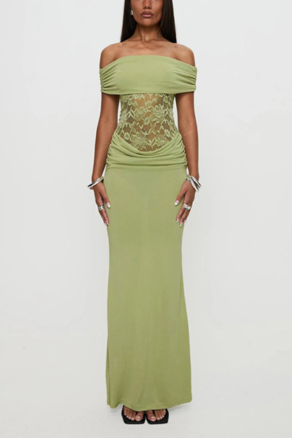 Women's Spring/Summer New Solid Color Off Shoulder Splicing Lace Extra Long Slimming Dress-consonak