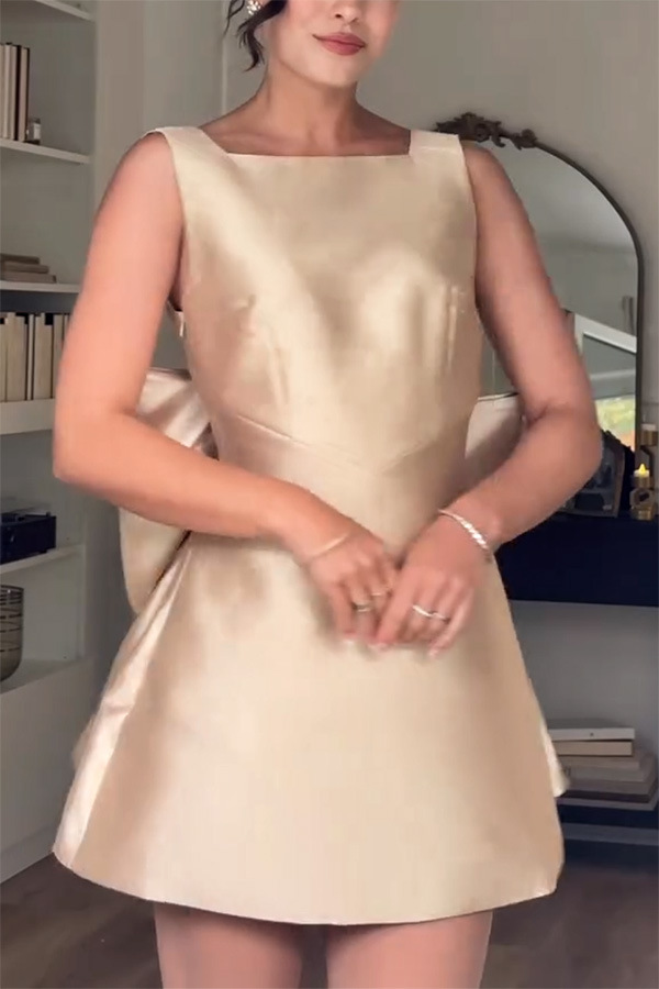 Mini waist cinching sexy satin oversized bow detail square neck mini dress-consonak
