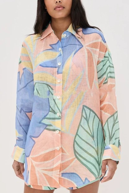 Bella Linen Blend Colorful Unique Print Long Sleeve Blouse and Elastic Waist Pocket Loose Shorts Set-consonak