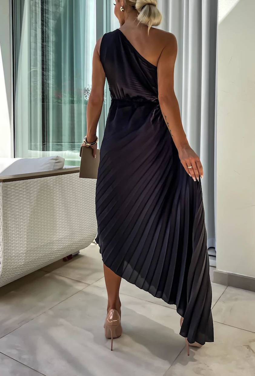 Romantic Nights Satin Raised Flower Elastic Cutout One Shoulder Pleated Maxi Dress-consonak