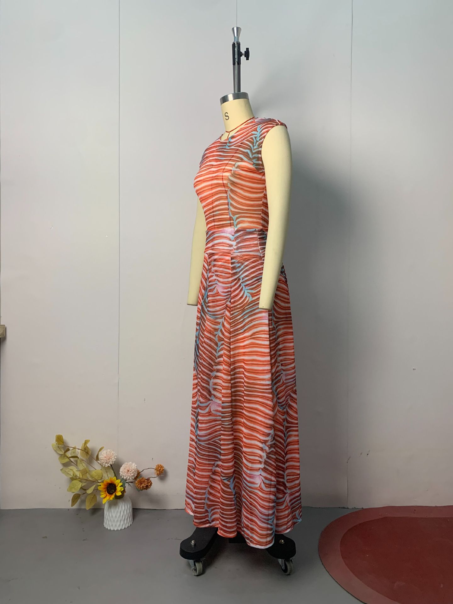 Bella Stretch Mesh Unique Print Bodysuit and High Rise Elastic Waist Maxi Skirt Set-consonak