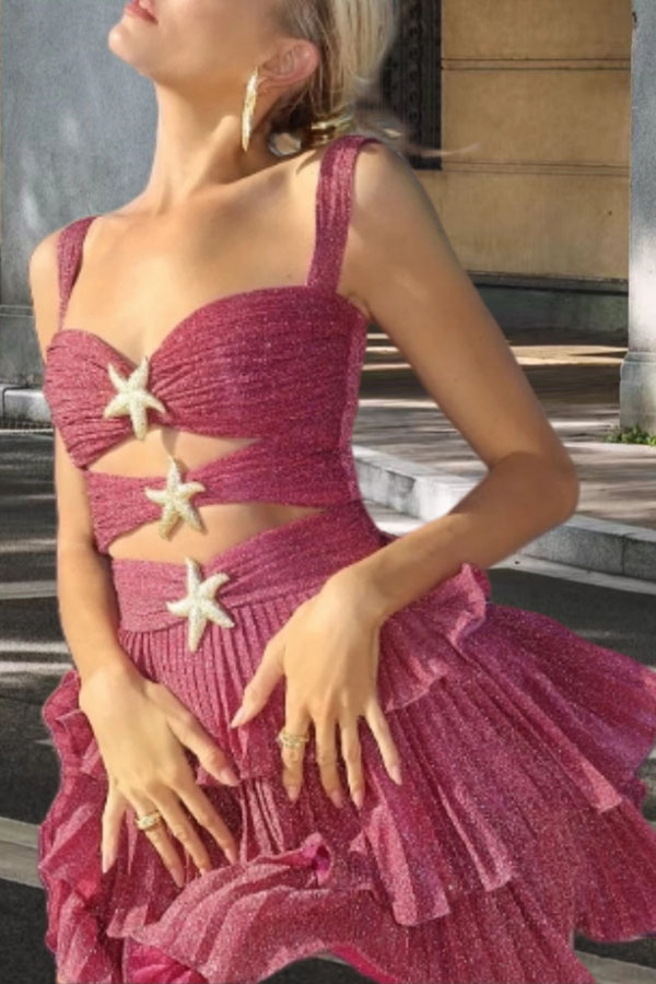 Little Mermaid Glitter Fabric Metal Starfish Hollow Layered Stretch One-piece Swimsuit-consonak