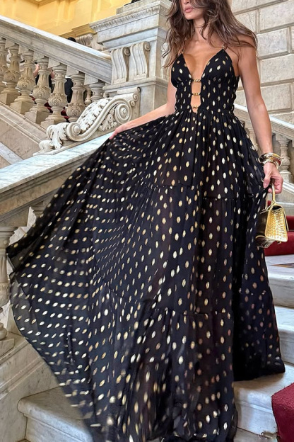 Party Charm polka dot black design chiffon gold polka dot print hollow out lightweight long skirt-consonak