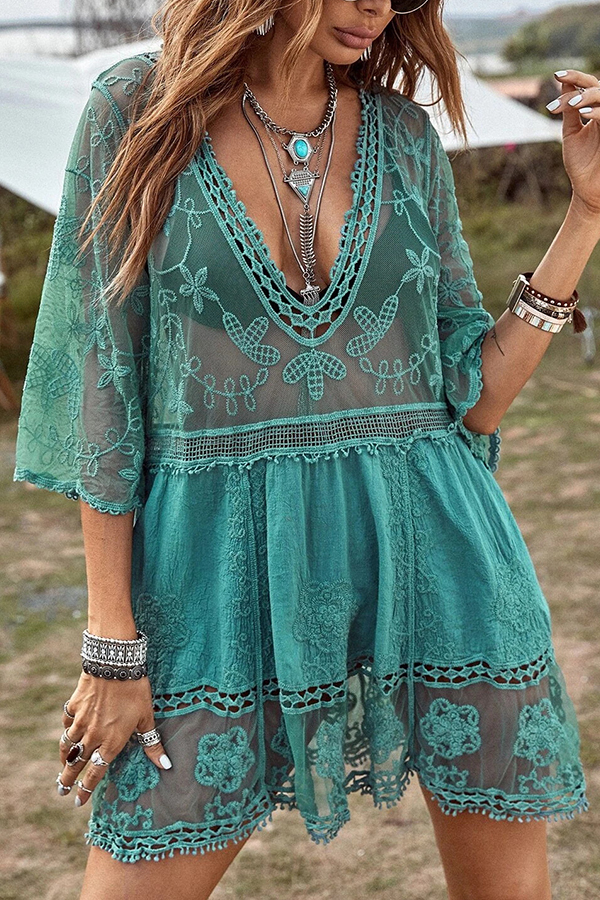 Lace V Neck Hollow Short Sleeved Cover Up-consonak