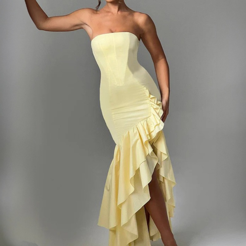 Ladies' sexy off shoulder, sexy off shoulder strapless, hip hugging, irregular wave fashion party dress-Consonak