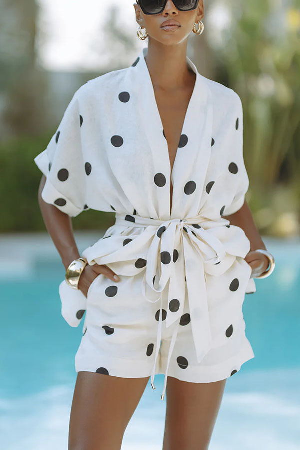Playful Linen Blend Polka Dot Tie-up Kimono Top and Elastic Waist Pocket Shorts Set | Consonak