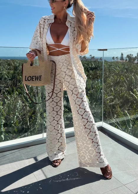 Holiday Crochet Flowers Lace Short Sleeve Shirt and Elastic Waist Wide Leg Pants Set-consonak