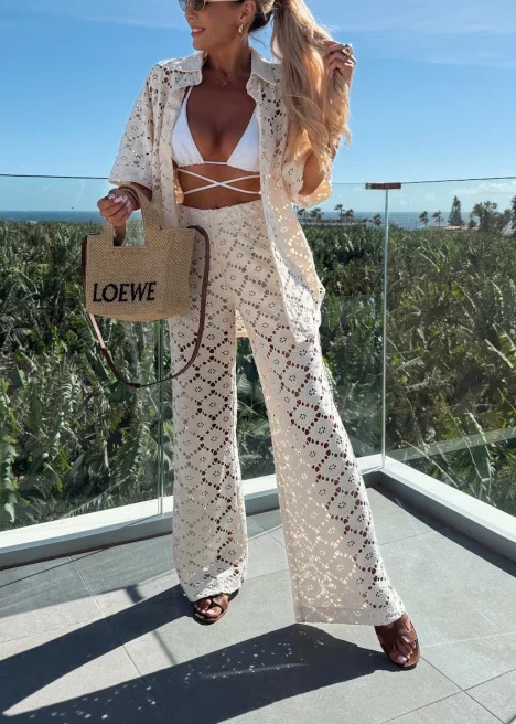 Holiday Crochet Flowers Lace Short Sleeve Shirt and Elastic Waist Wide Leg Pants Set-consonak