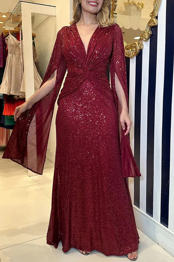 Shine Brighter Sequin Cape Sleeve Cross Waist Evening Maxi Dress | Consonak