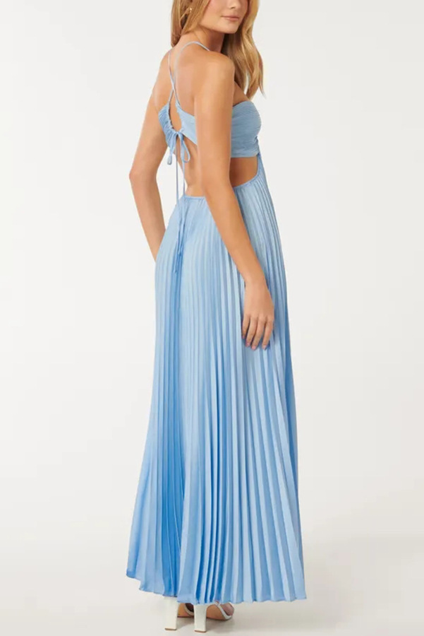 Caught Your Eye Satin Pleated Cross Straps Cutout Flowing Maxi Dress-consonak