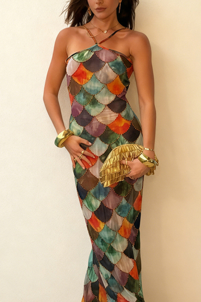 Little Mermaid Colorful Scales Print Halter Maxi Dress-consonak
