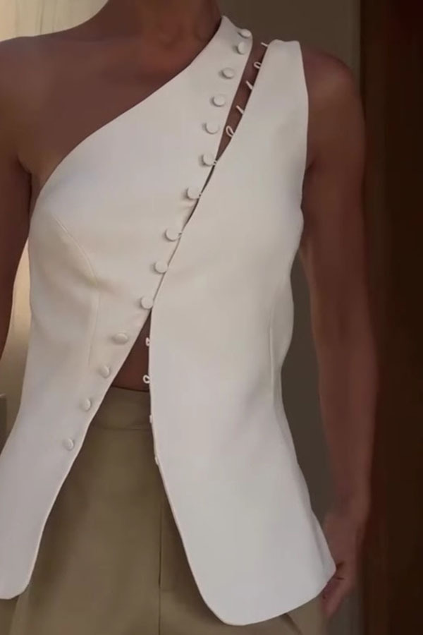 Full of Design Solid Color One Shoulder Asymmetric Slit Button Casual Vest-consonak