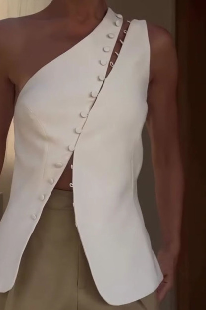 Full of Design Solid Color One Shoulder Asymmetric Slit Button Casual Vest-consonak
