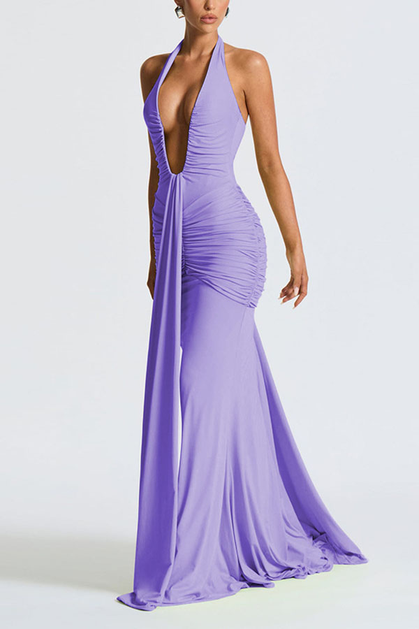 Solid Color Elegant Halterneck V-neck Open Back Tie Gathered Maxi Dress-consonak