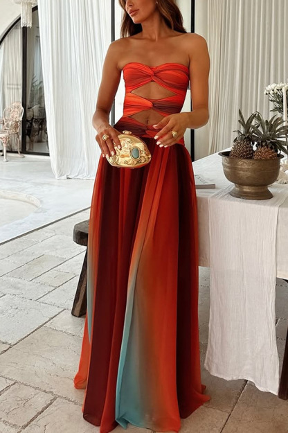 Ladies' Sunset Sexy strapless Fashion Tassel Printed Twisted Hollow Off Shoulder Vacation Long Dress-consonak