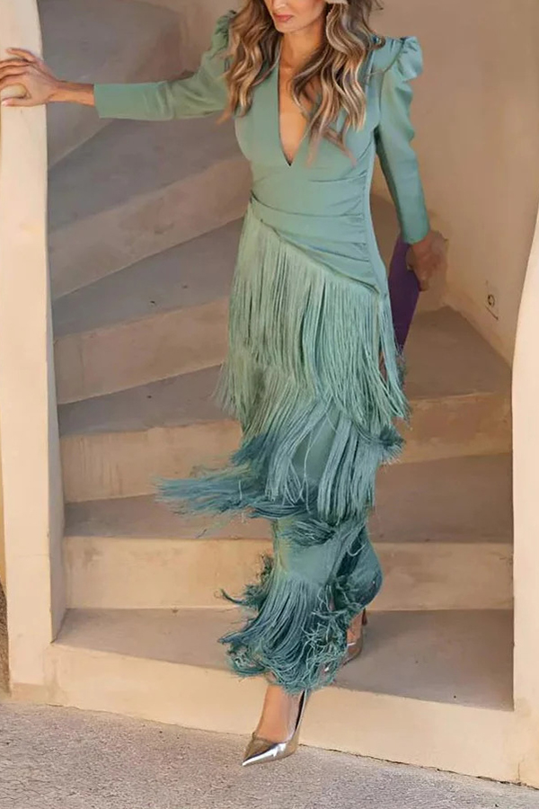 Solid Color V-Neck Long Sleeve Elegant Tassel Maxi Dress-consonak