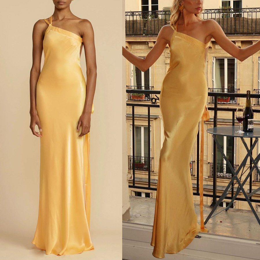Spring and summer new party oblique shoulder slim dress INS casual elegant party fashion satin dress-Consonak