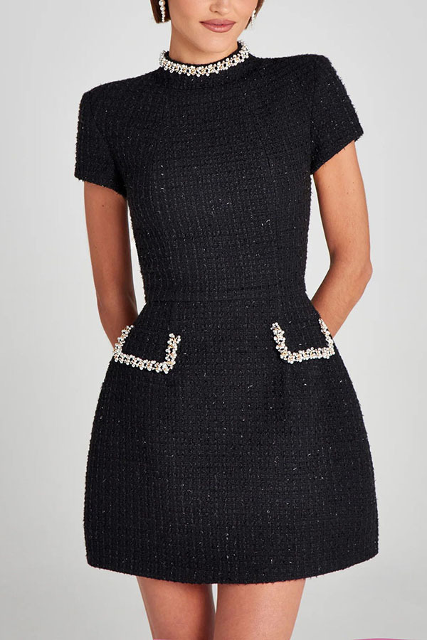 Exquisite and Playful Tweed Fabric Pearl Trim Short Sleeve Pocketed Mini Dress-consonak