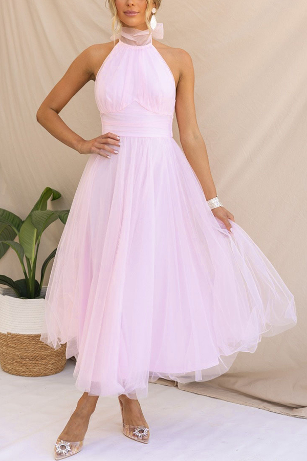 Fairy Vibes Tulle Gathered Detail Halter Maxi Dress-consonak