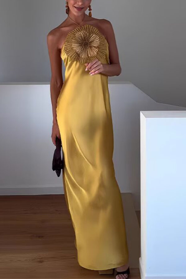 Fashionable Beaded Large Flower Decoration Halter Neck Backless Maxi Dress-consonak