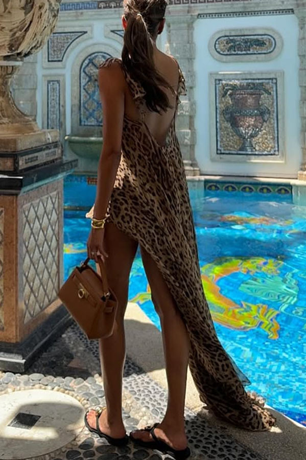 Immerse Vacation Leopard Tie-up Slit Midi Top and Elastic Waist Shorts Set-consonak