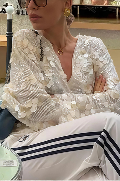 Fashion Sequined Casual Long-sleeved Tie Loose Coat-consonak