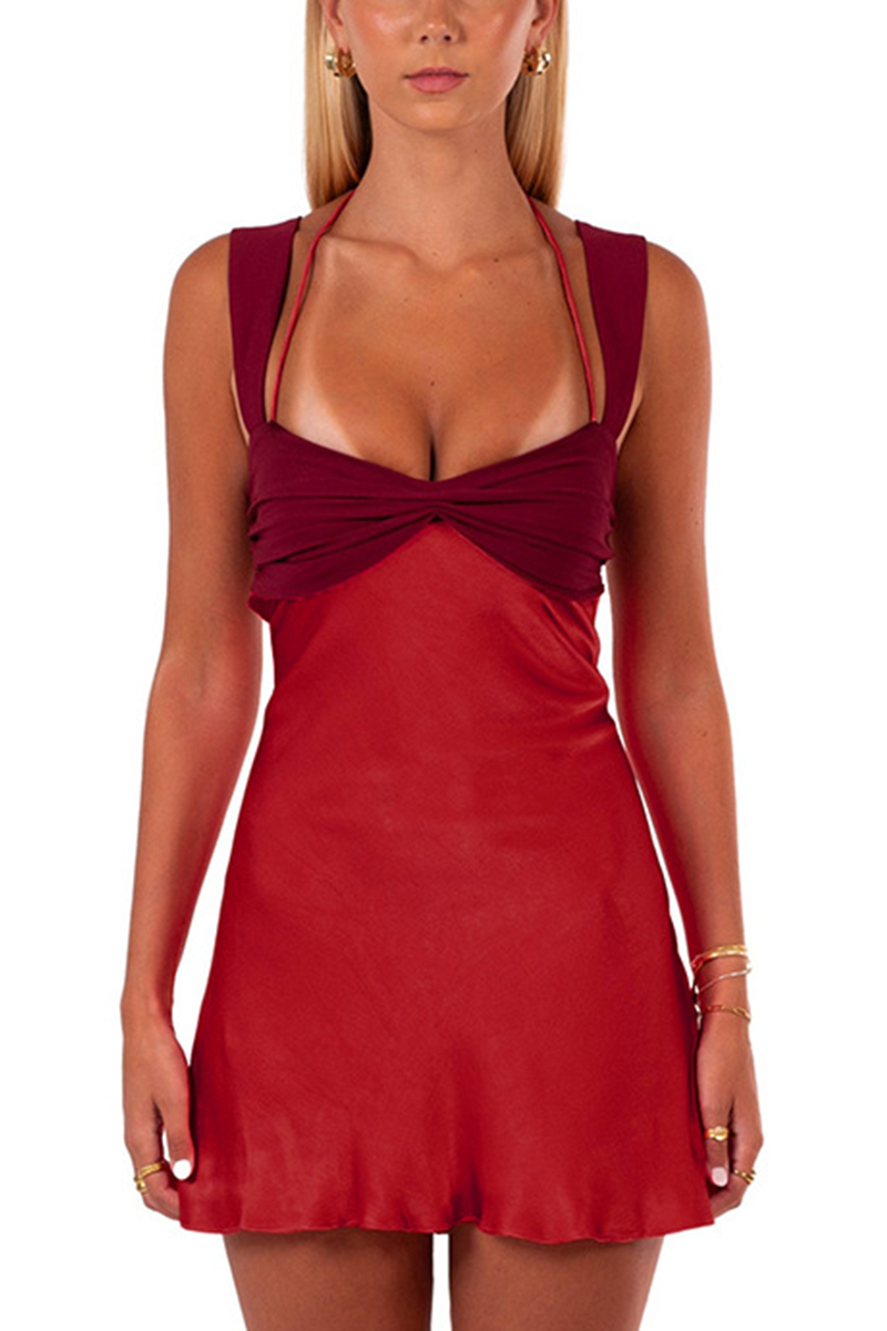 Splicing sleeveless sexy mini women's long robe satin strapless backless lace up high waisted A-line party dress-consonak