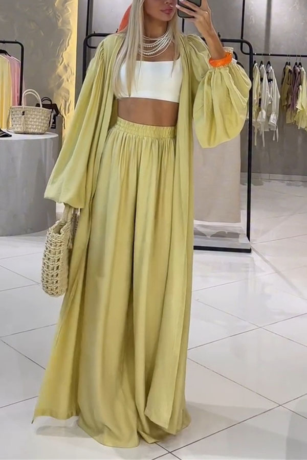 Beach Cottage Open Front Long Pleated Lantern Sleeve Long Cover-up Jacket-consonak