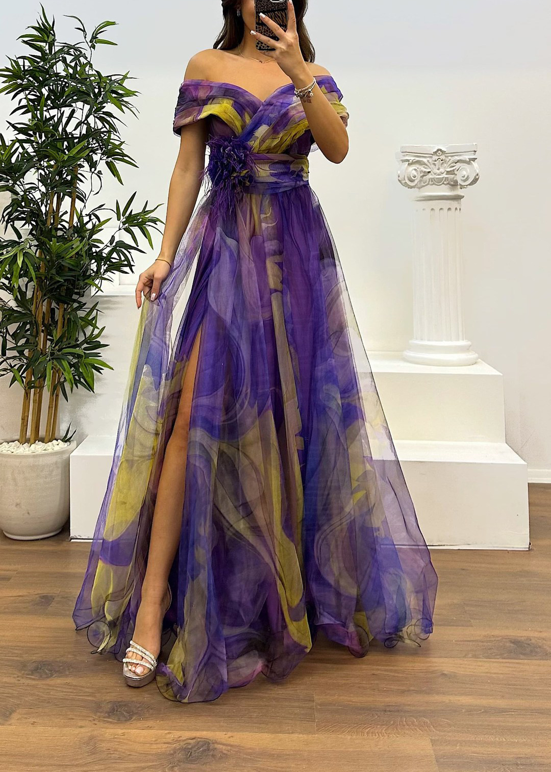Fairy Flower Feather Pendant Elegant Fallen Fold Off Shoulder Party Split Design Long Dress-Consonak