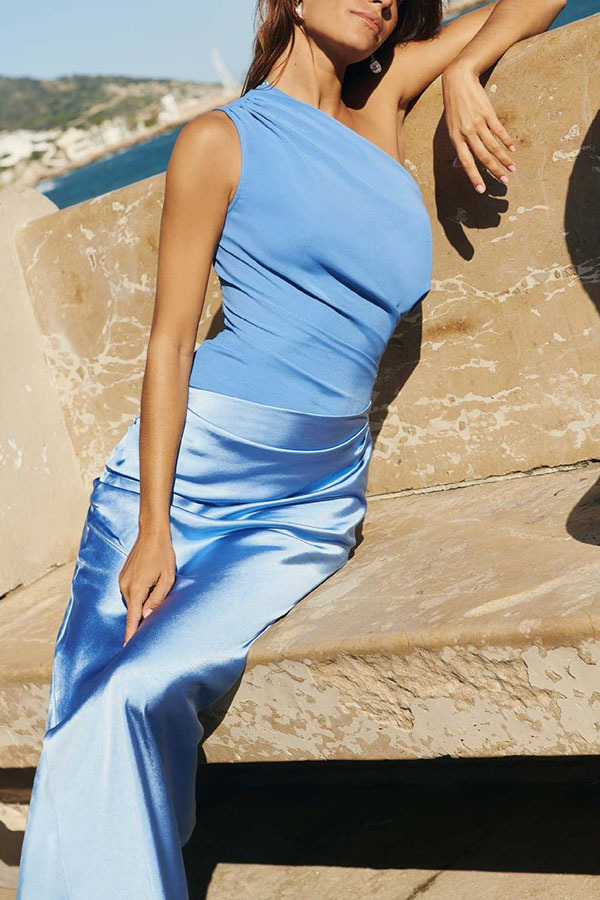 Kaia Satin Contrast Fabric Patchwork One Shoulder Ruched Maxi Dress-consonak