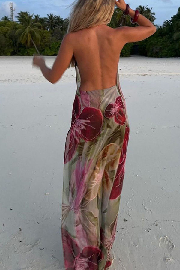 Floral Print Sexy Backless Slit See-Through Holiday Maxi Dress-consonak