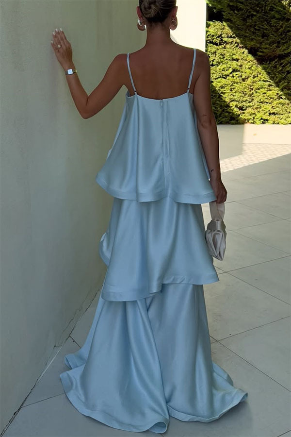 Soft and Smooth Satin Tiered Slip Square Neck A-line Maxi Dress | Consonak