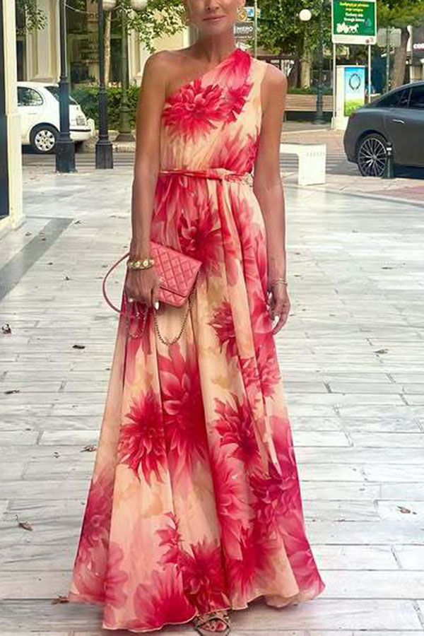 Floral Print One Shoulder Waist Tie Full Hem Resort Style Maxi Dress-consonak