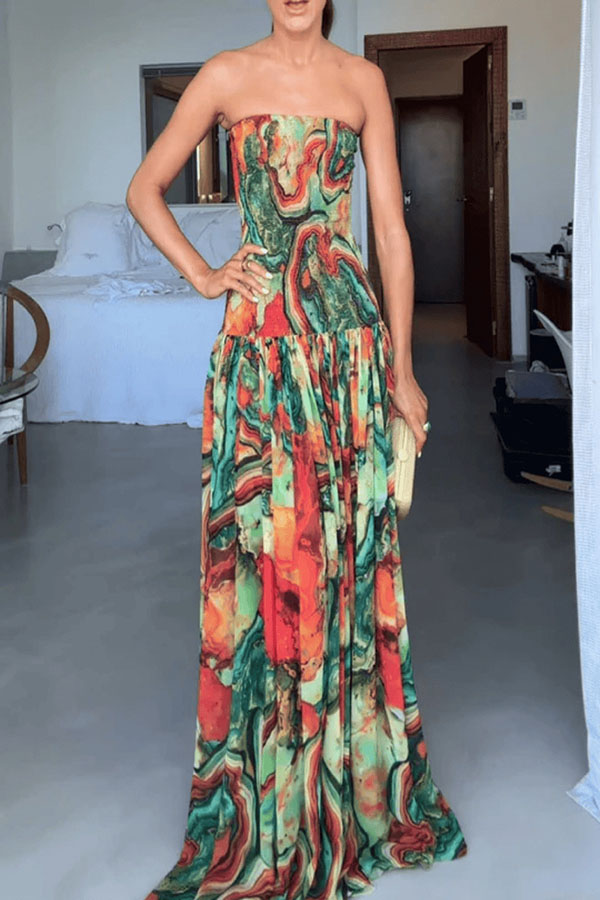 Vacay Vibes Colorful Lava Print Off Shoulder Smocked Scarf Maxi Dress-consonak
