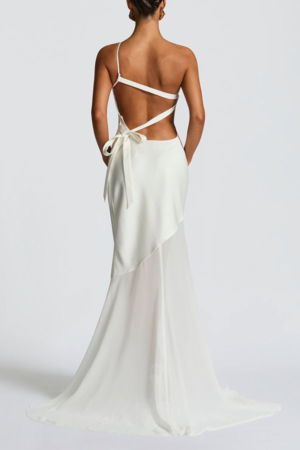 Fable Satin One Shoulder Back Adjustable Straps Contrast Chiffon Hem Maxi Dress-consonak