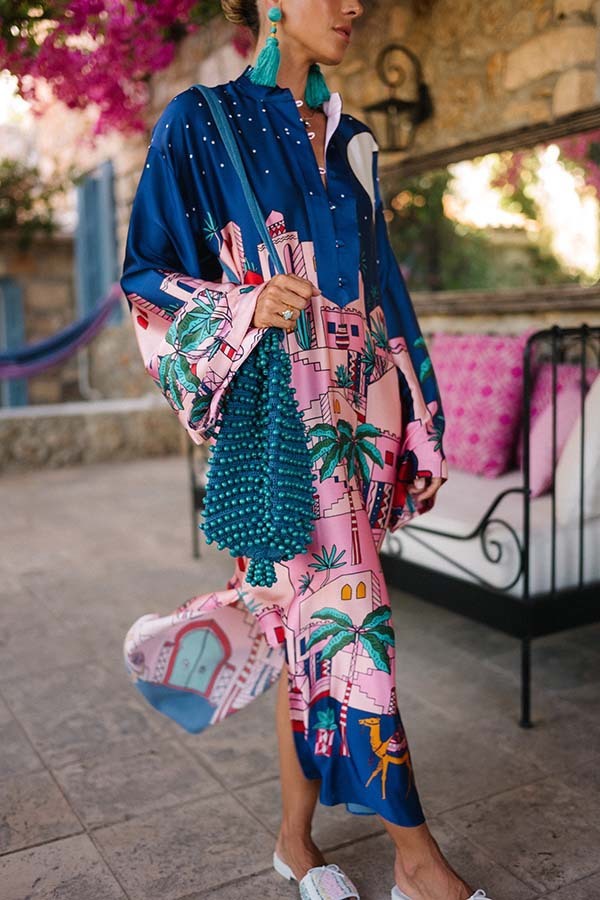 Seaside Stroll Satin Unique Print Button Up Long Sleeve Slit Kaftan Midi Dress-consonak