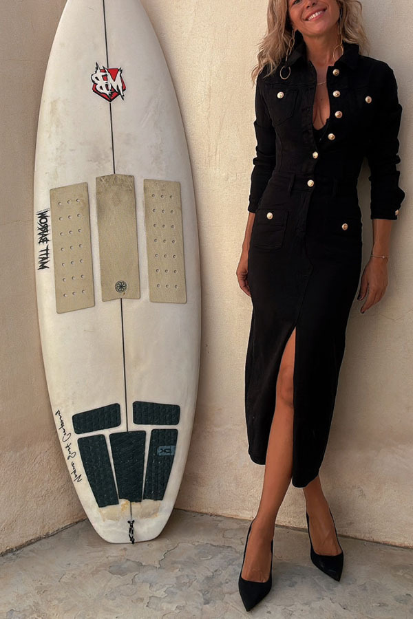 Tessy Denim Metal Button Zipper Shirt Stretch Pencil Slit Midi Dress-consonak