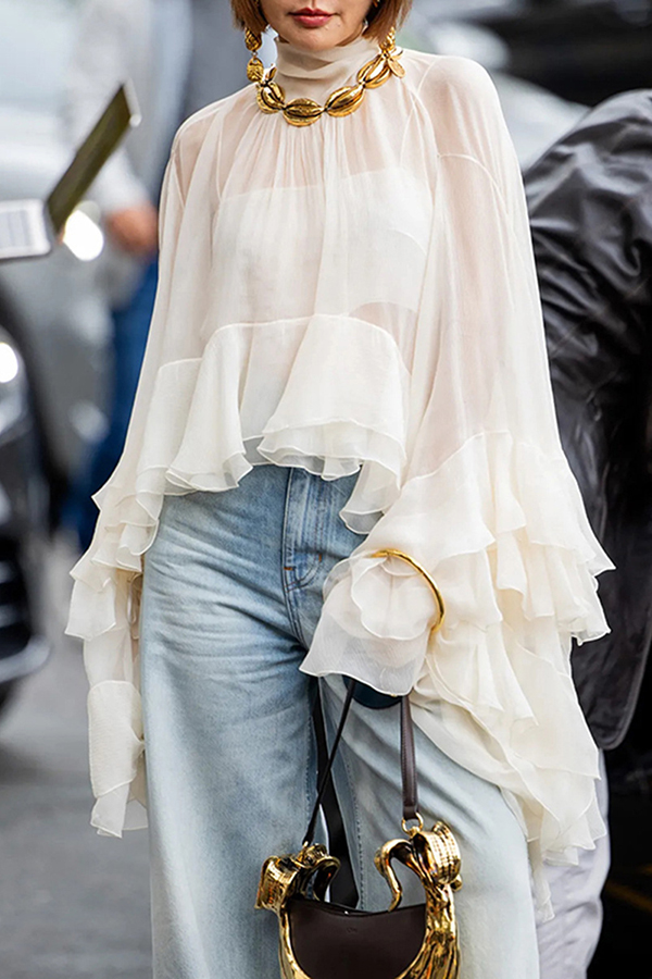 Flowy See-through Ruffle Tie-up Neck Bell Sleeve High-low Hem Cape Shirt-consonak