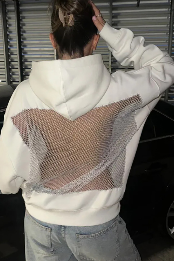 Fashionable Shiny Mesh Hollow Back Loose Long-sleeved Hooded Sweatshirt-consonak