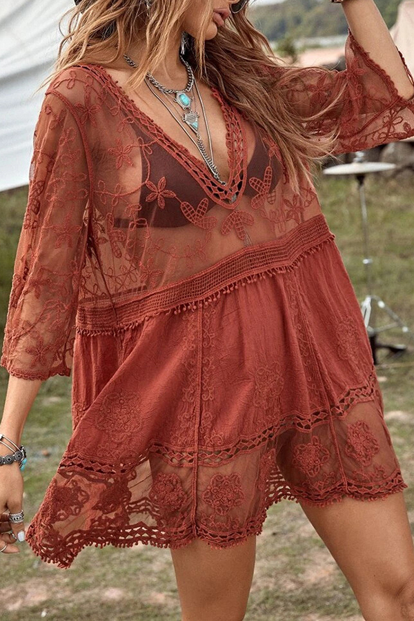 Lace V Neck Hollow Short Sleeved Cover Up-consonak