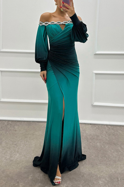 Julieta Gradient Print Boat Neck Off Shoulder Gem Detail Slit Gown Maxi Dress-consonak