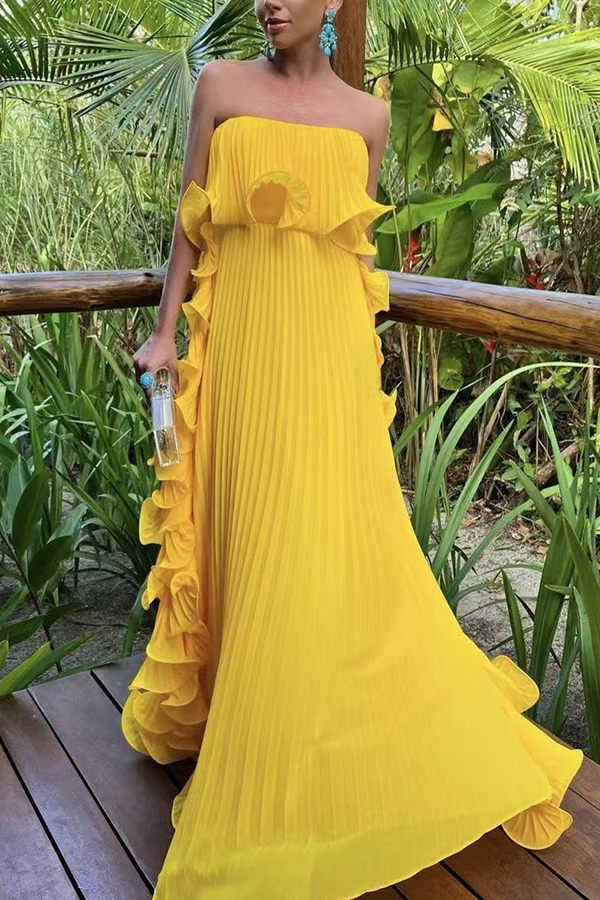 Reina Chiffon Pleated Wavy Ruffles Trim Strapless Loose Maxi Dress-consonak
