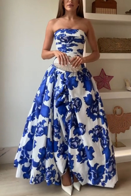 Perfect Moment Floral Off Shoulder Ruched Bodice Drape Bubble Hem Maxi Dress-consonak