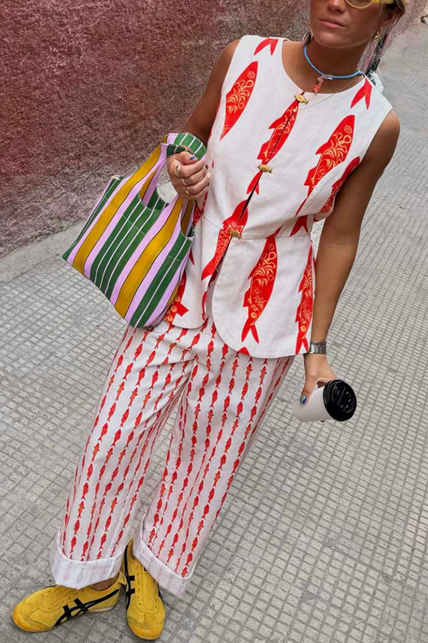 Good Luck Linen Blend Koi Pattern High Rise Elastic Waist Loose Pants-consonak