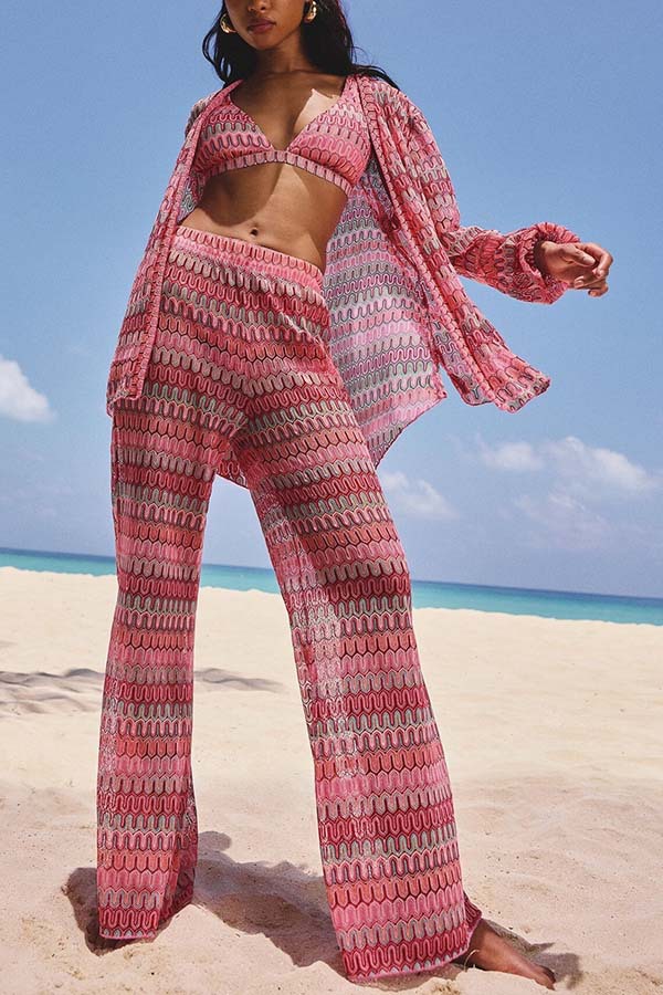 Beach Style Knit Unique Print Long Sleeve Kimono Shirt and Stretch Wide Leg Pants Set-consonak