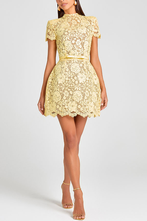 Champagne Toast Flower Lace Short Sleeve Bow Belted Mini Dress-consonak